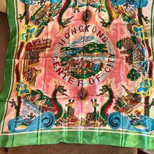 Vintage Silky Scarf Hong Kong China Center Of City Souvenir 1950's 30”x30” READ